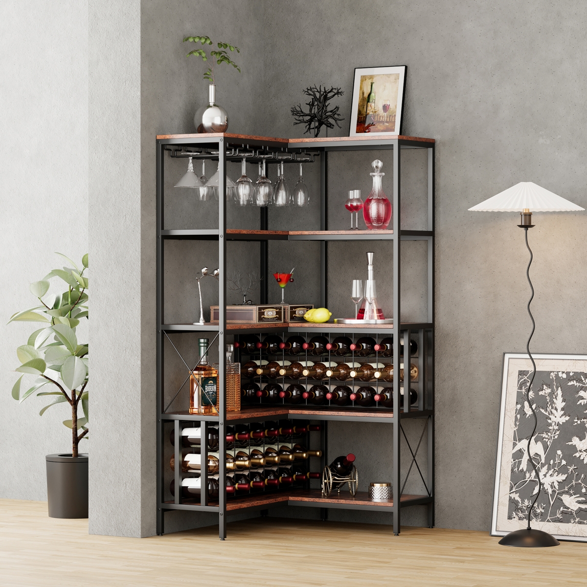 Streamdale Furniture Industrial Corner Wine Rack with Glass Holder and Ample Storage - Walnut+black