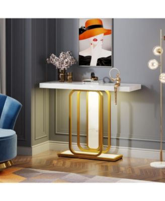 Modern Gold White Console Table with LED Lights, 41.3 Inch Entryway Hallway Foyer Accent Table with Faux Marble Veneer for Living Room, Entrance