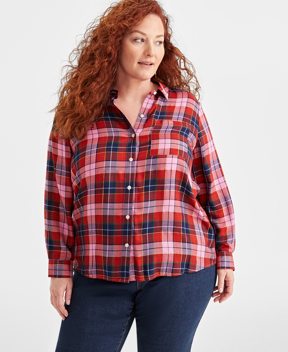 Plus Size Shine Plaid Perfect Shirt, Created for Macy's - Plaid Pink Rain Lurex