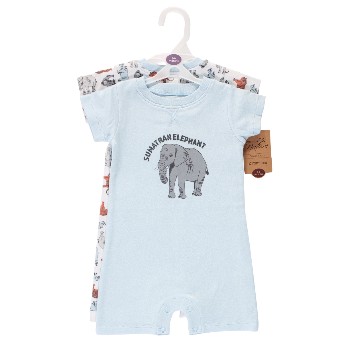 Touched by Nature Baby Boys Baby Organic Cotton Rompers 2pk,- Endangered elephant