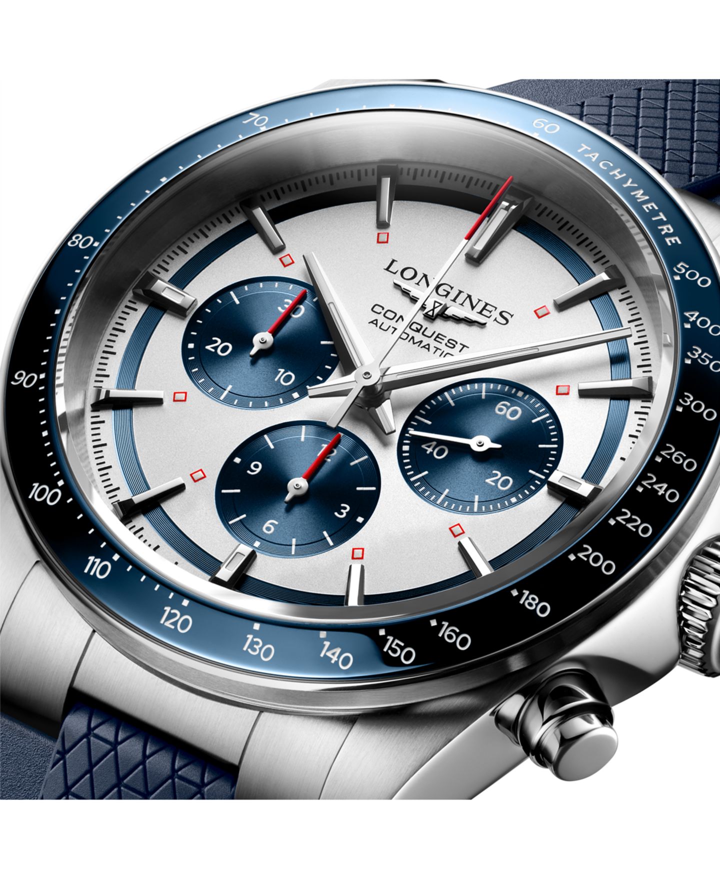 Мужские часы Longines Swiss Automatic Chronograph Conquest Blue Rubber Strap Watch 42mm — фото 4