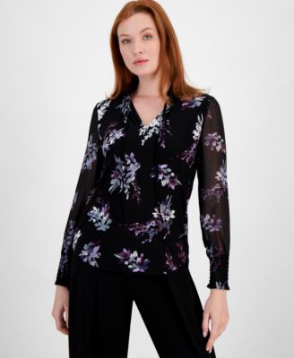 Anne Klein - Women's Floral-Print Tie-Neck Blouse