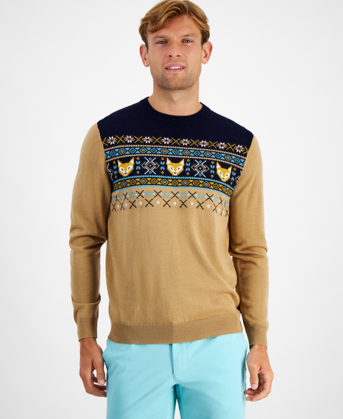 Club Room Men's Fox-pattern Merino Crewneck Sweater, Created For Macy's In Navy Blue