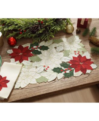 Elrene Poinsettia Season Fabric Table Linens Collection In White