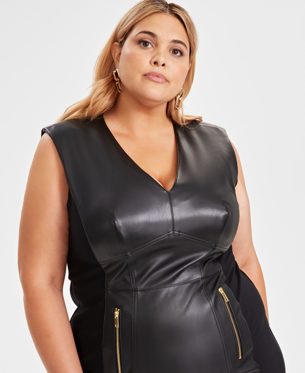 I.n.c. International Concepts Women's V-Neck Faux-Leather Midi Dress, Created for Macy's