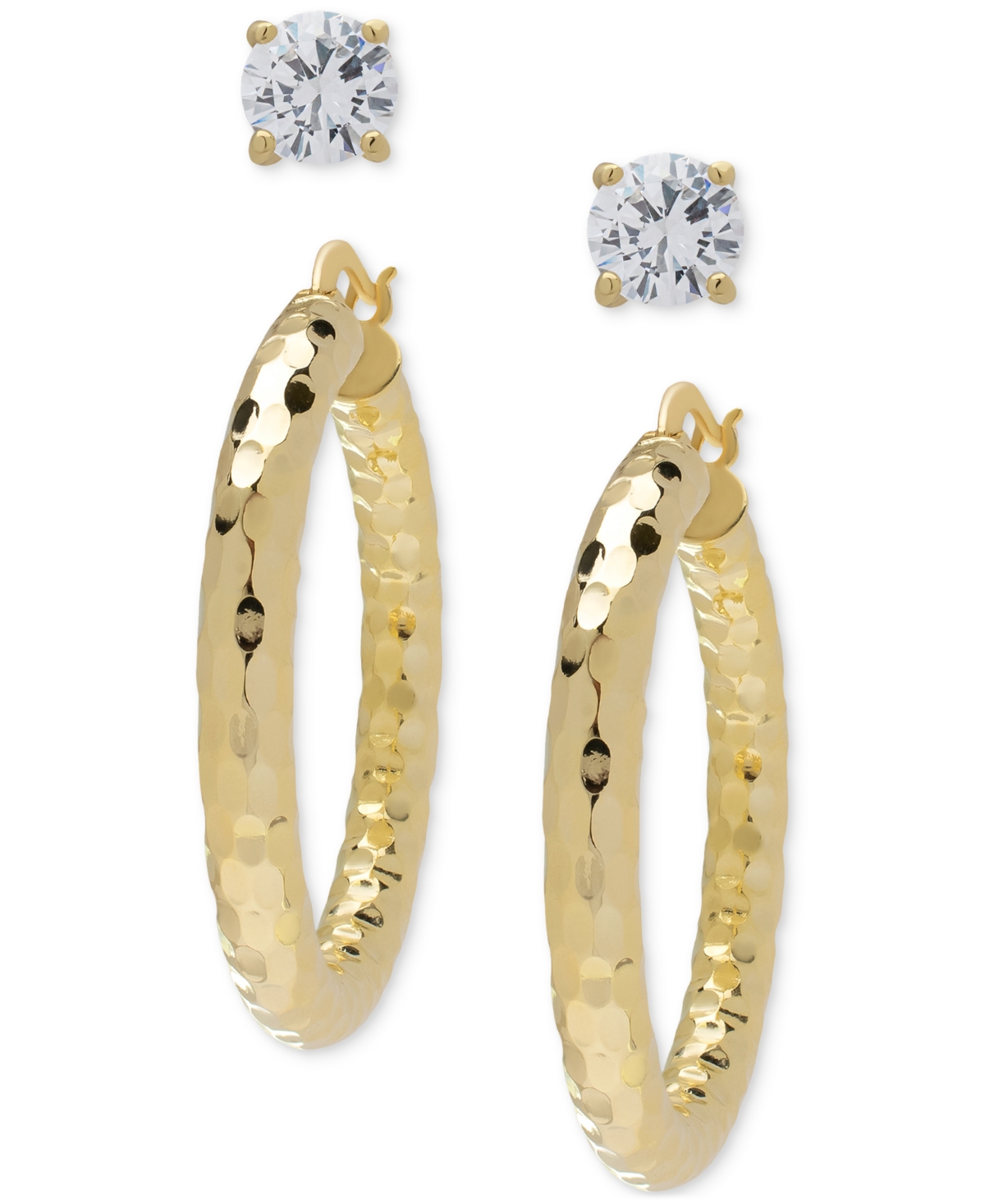 2-Pc. Set Lab-Grown White Sapphire Stud & Textured Medium Hoop Earrings (2-1/10 ct. t.w.) in 14k Gold-Plated Sterling Silver - Gold
