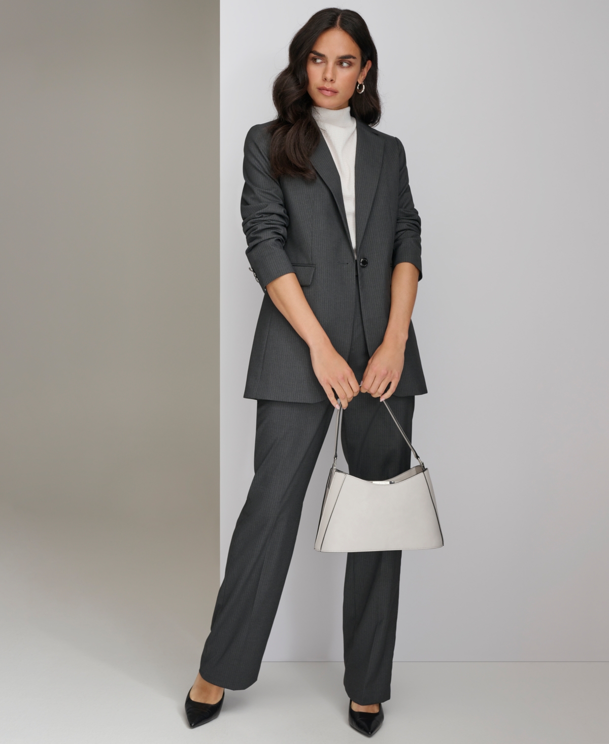 Calvin Klein Women's Pinstripe One-Button Blazer -Cream