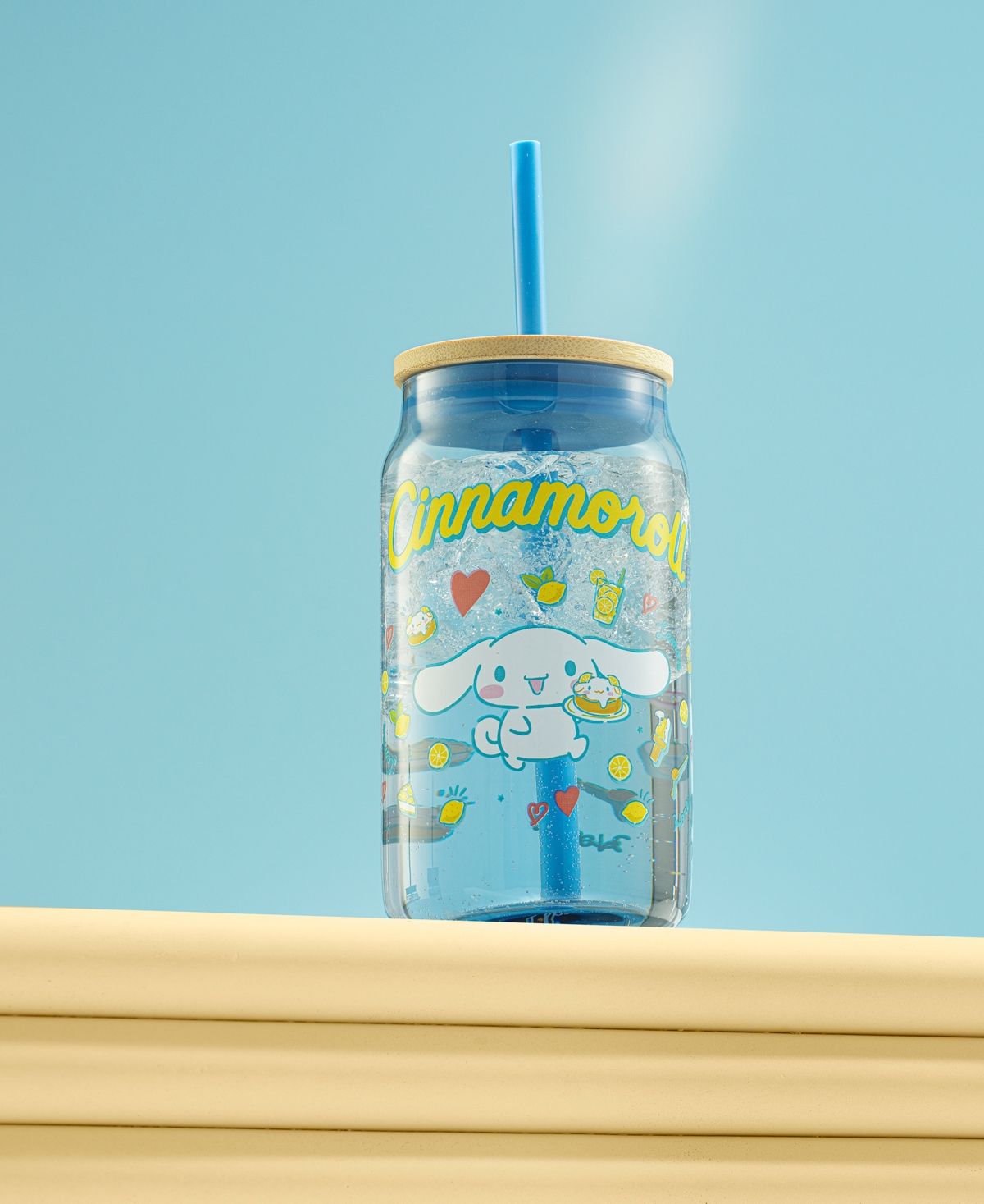 JOYJOLT HELLO KITTY AND FRIENDS FAVORITE FLAVOR CINNAMOROLL CAN SHAPED GLASS TUMBLER WITH WOOD LID AND STRAW 