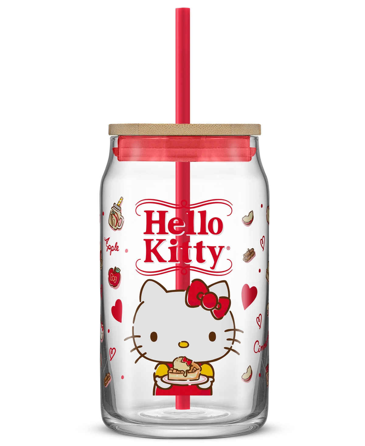JOYJOLT HELLO KITTY AND FRIENDS FAVORITE FLAVOR HELLO KITTY CAN SHAPED GLASS TUMBLER WITH WOOD LID AND STRAW 