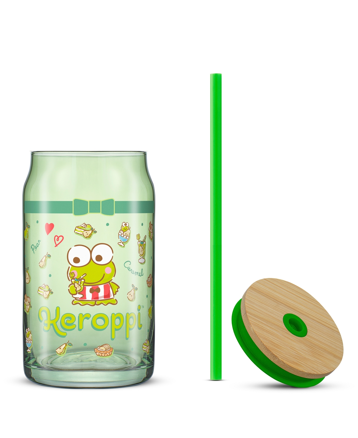 JOYJOLT HELLO KITTY AND FRIENDS FAVORITE FLAVOR KEROPPI CAN SHAPED GLASS TUMBLER WITH WOOD LID AND STRAW 
