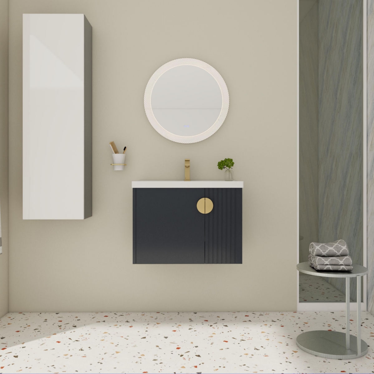 Sleek Wall-Mounted Vanity Dual-Door Design with Wave Plate and Ceramic Sink