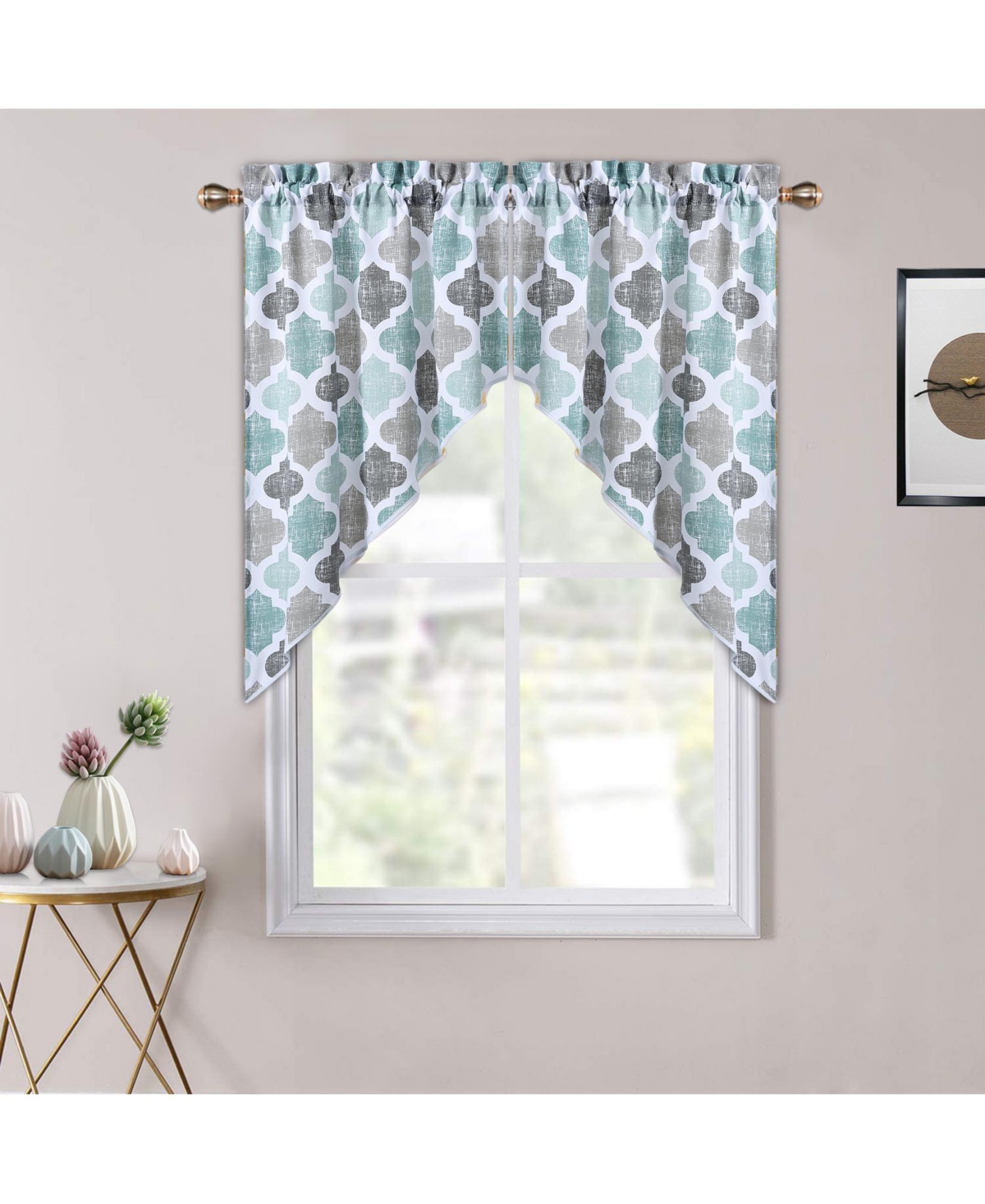 Geometric Quatrefoil Cotton Blend Kitchen Swag Valance Curtain Pair, 56" x 36" - Navy/blue/grey