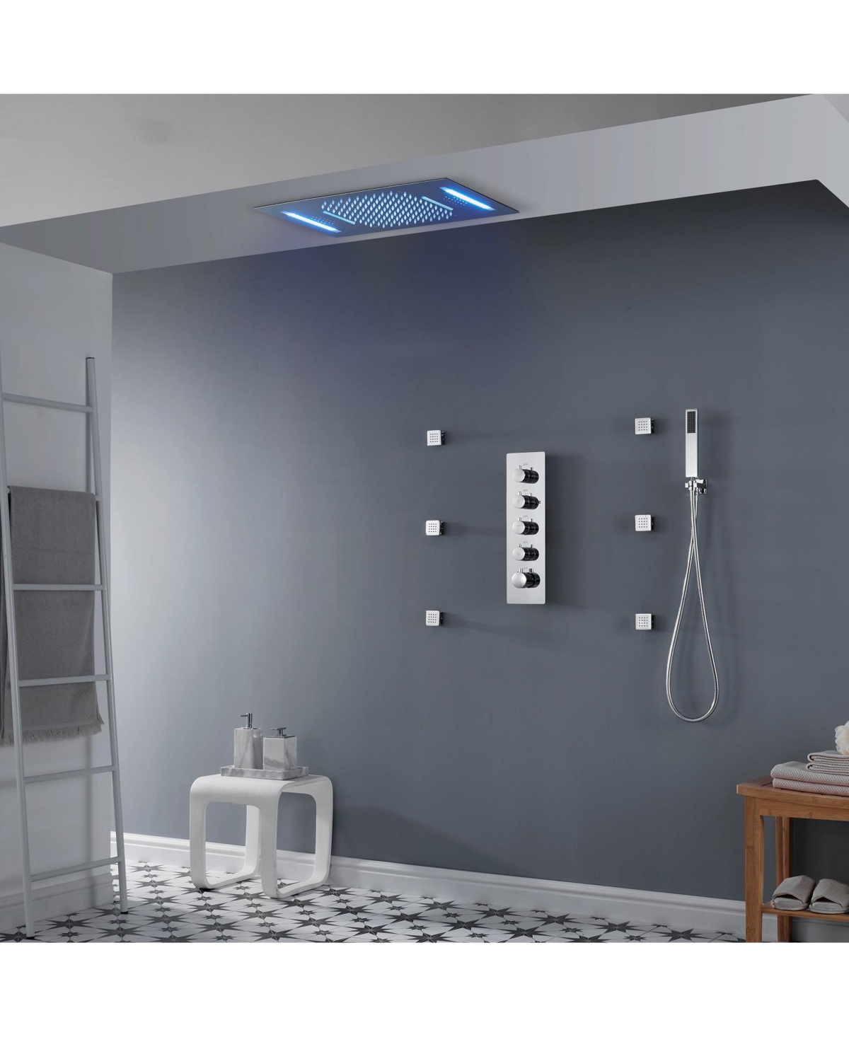 Mondawe 64 Colors Led Light and Music 3 Functions 4 Sprays Flush Ceiling Mounted Thermostatic Shower System with 6 Body Jets and Rough-in Valve in Bru