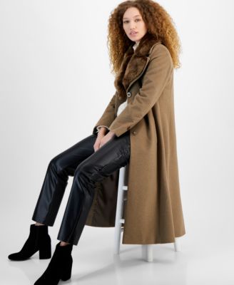 Women's Single-Breasted Faux-Fur-Collar Maxi Coat