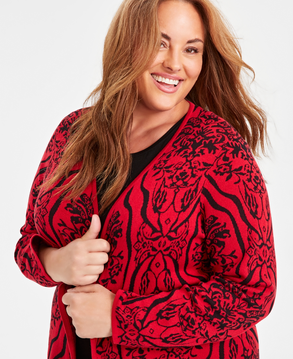 JM COLLECTION PLUS SIZE BAROQUE JACQUARD OPEN-FRONT CARDIGAN, CREATED FOR MACY'S 