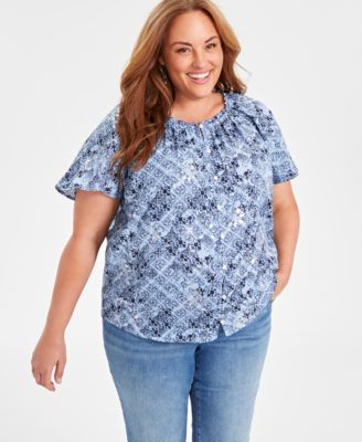 Style & Co - Plus Size Printed Round-Neck Flutter-Sleeve Top