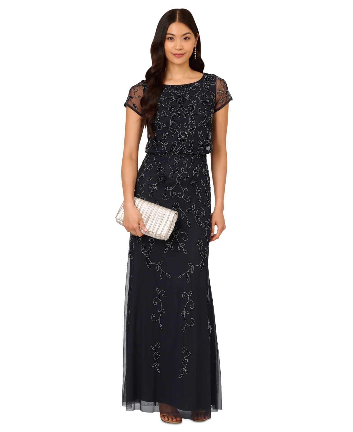 Adrianna Papell Women s Boat Neck Short Sleeve Beaded Blouson Gown Cassis Smart Closet