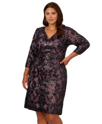 Adrianna Papell Plus Size Beaded V-Neck 3/4-Sleeve Sheath Dress