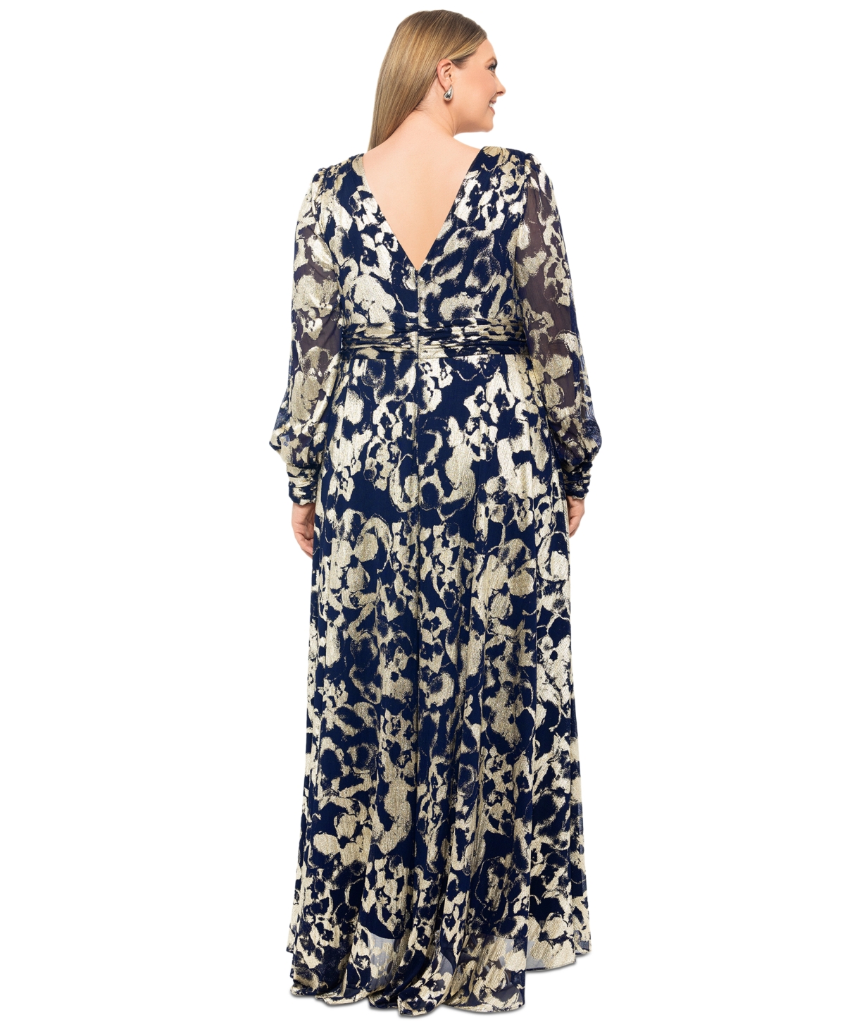 Betsy & Adam Plus V-Neck Foil Mesh A-Line Dress