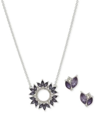 Anne Klein - Silver-Tone Pav&eacute; & Stone Pendant Necklace & Stud Earrings Set