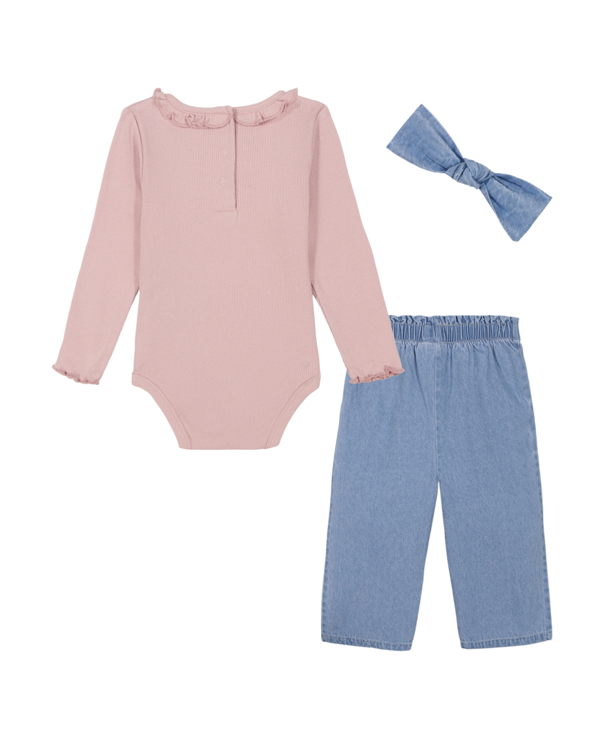 Calvin Klein Baby Girl Ribbed Logo Long Sleeve Bodysuit Denim Pull-Up Pants and Headband Set -Light Wash Denim