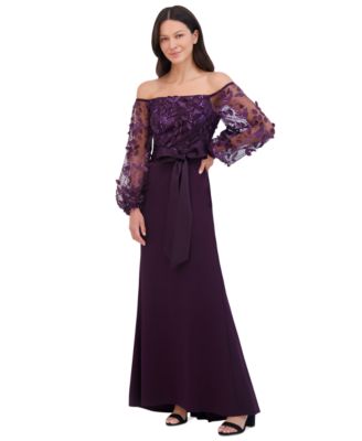 Eliza J Petite Floating Petals Embellished Off The Shoulder Gown Plum Size 4p