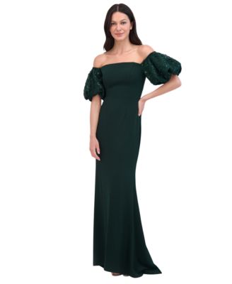 eliza j petite formal dresses Eliza J Petite Asymmetric Neck Cap-Sleeve Ball Gown - Teal