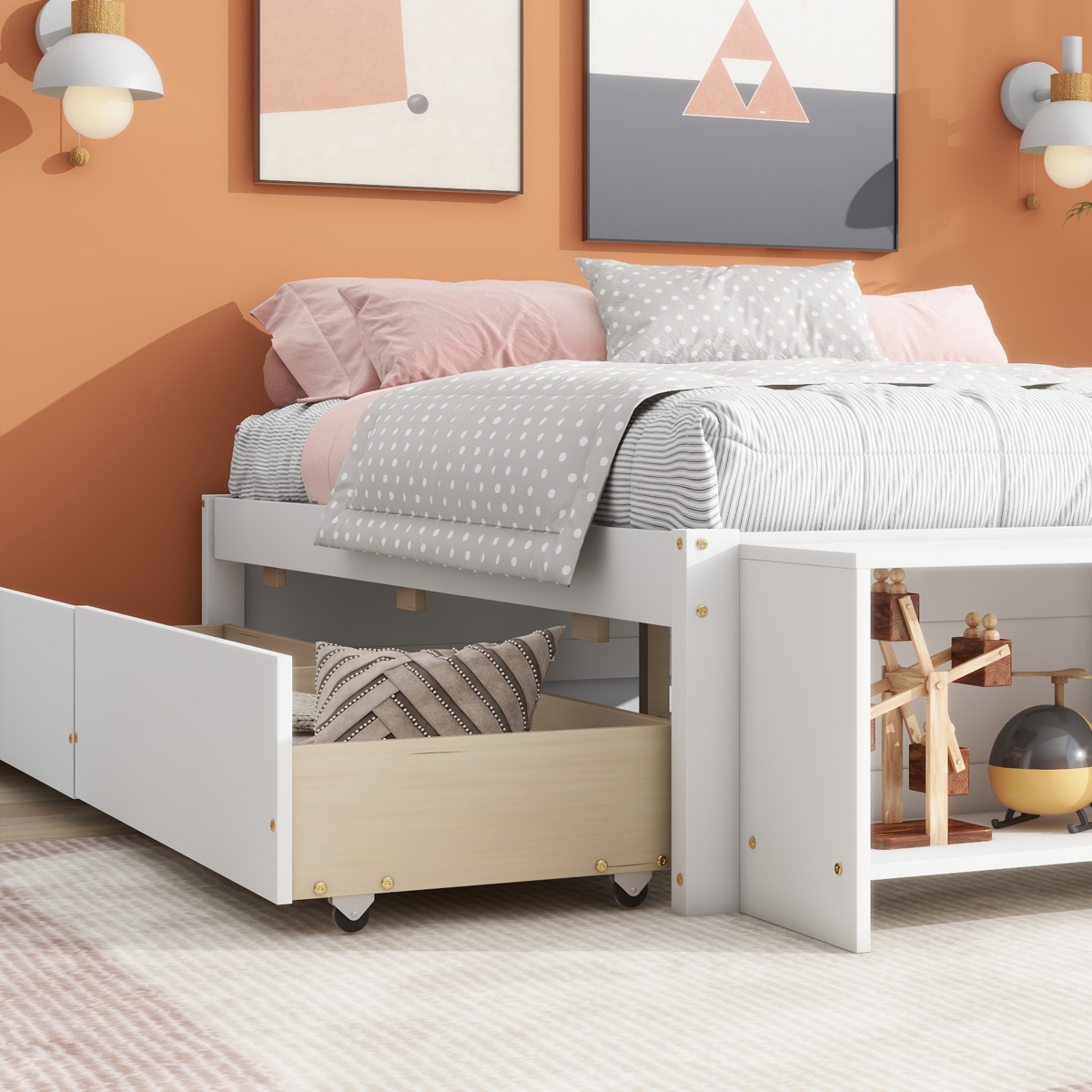 Streamdale Furniture Size Bed With Storage Case, 2 Storage Drawers, Lengthwise Support Slat,- White