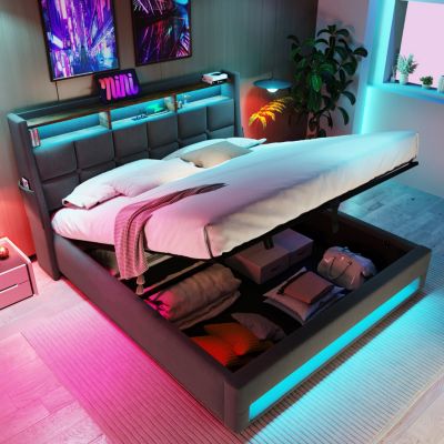 Streamdale Grey Upholstered Platform Bed with Storage and LED