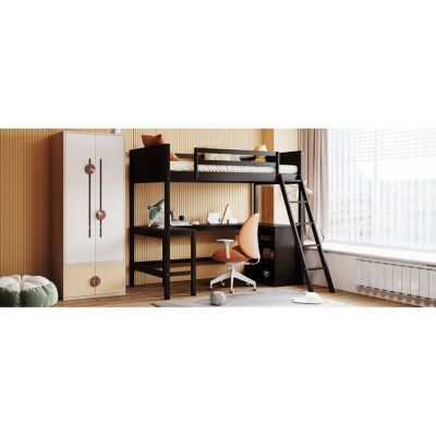 Twin Size Loft Bed With Shelves And Desk, Wooden Loft Bed With Desk