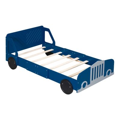Streamdale Twin Size Car-Shaped Platform Bed With Wheels, Blue
