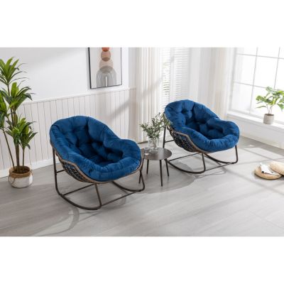 Navy Blue Outdoor Rattan Rocking Chair with Cushion