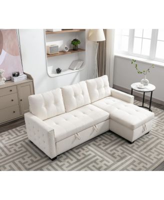 77" Reversible Sleeper Sectional With Storage, Beige Velvet