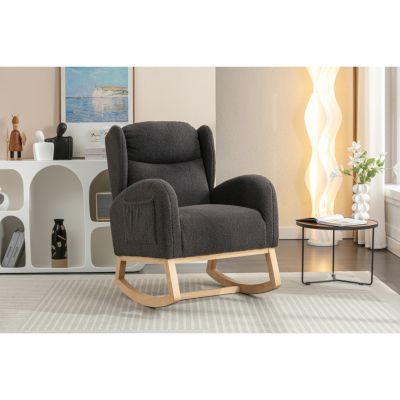Teddy Fabric Rocking Chair With Packet Wood Legs, Dark Gray