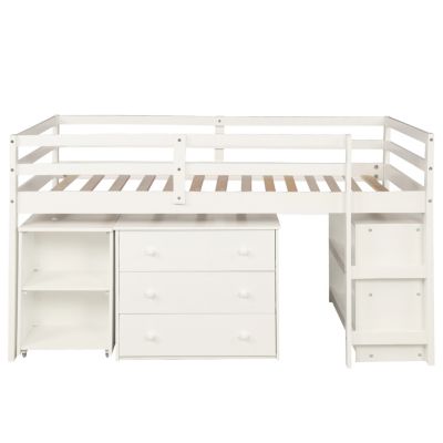 Streamdale Low Study Twin Loft Bed With Cabinet And Rolling Portable Desk