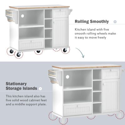 Solid Wood Kitchen Island Cart with Storage & Locking Wheels - White