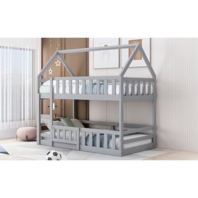 Twin Size  Pine Wood Over Twin House Bunk Bed With Fence And Door