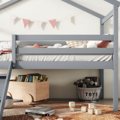 Twin Low Loft House Bed With Slide, Ladder, Safety Guardrails, House Roof Frame, Grey