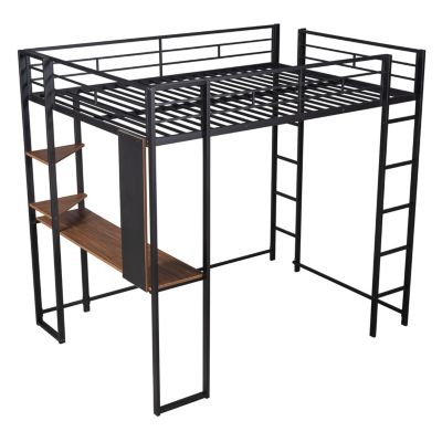 Streamdale Full Size Metal Loft Bed With 2 Shelves And One Desk