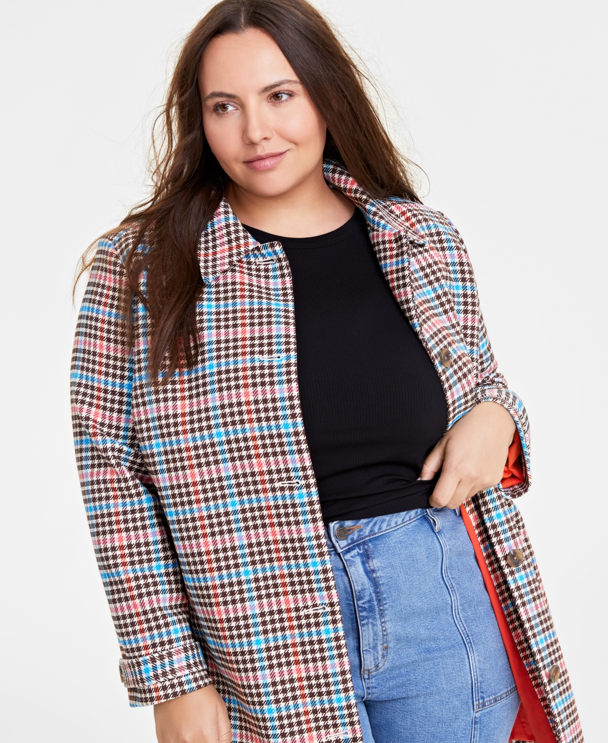 On 34th Trendy Plus Size Plaid-Print Long-Sleeve Car Coat, Created for Macy's