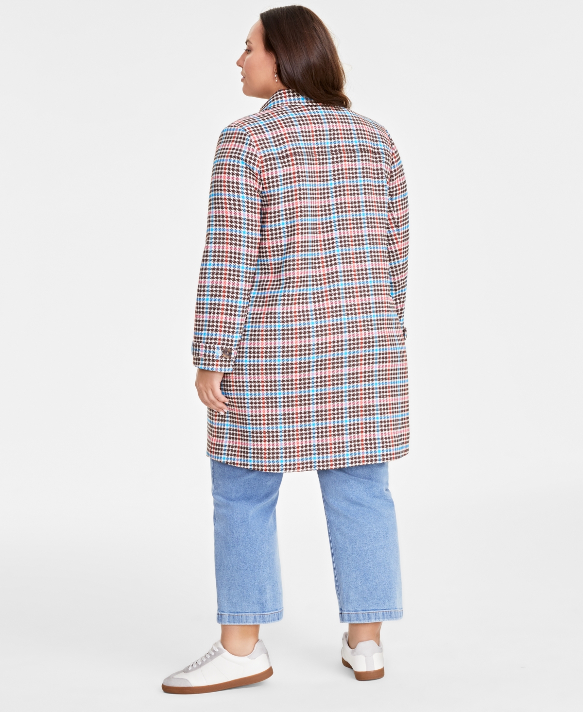 On 34th Trendy Plus Size Plaid-Print Long-Sleeve Car Coat, Created for Macy's