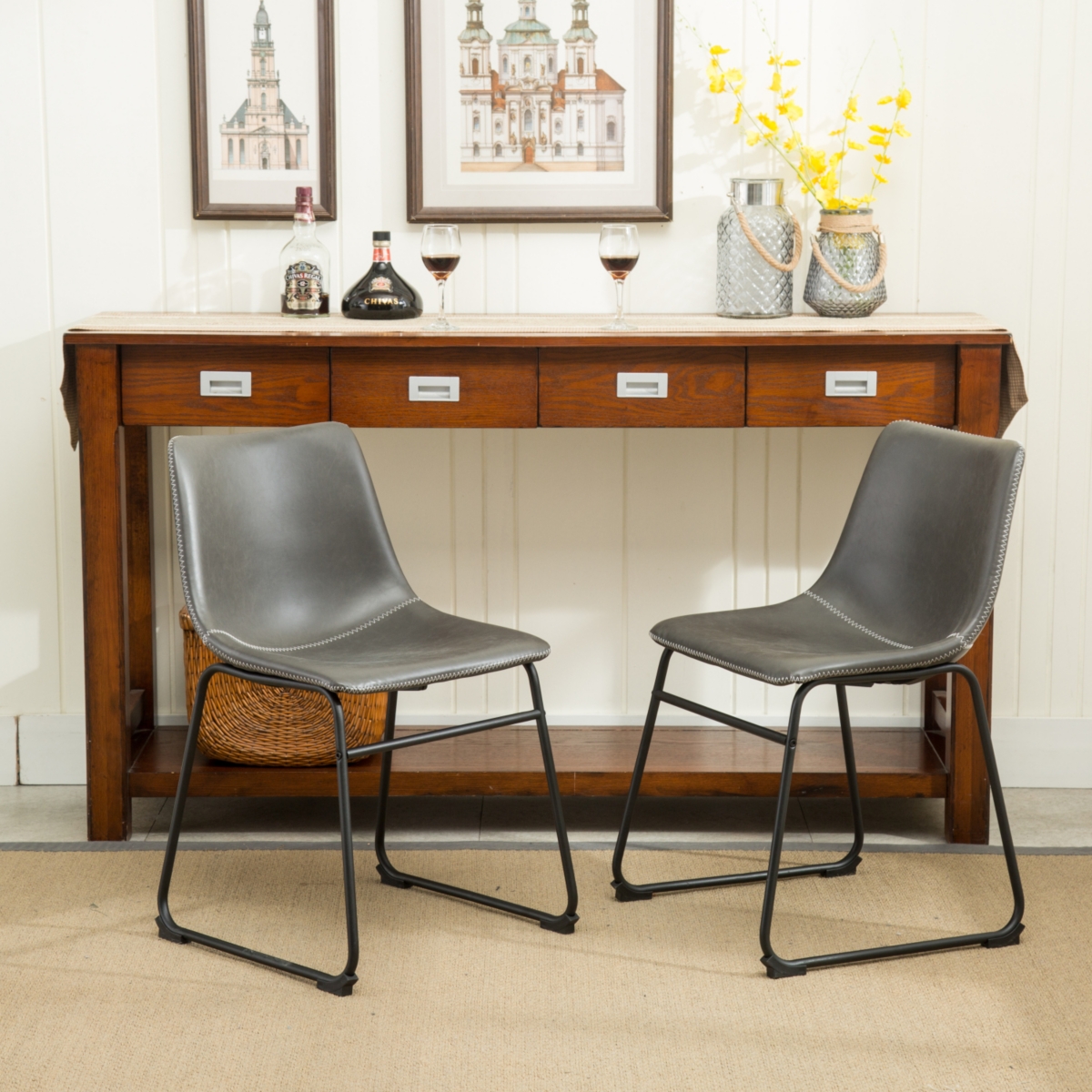 Simplie Fun Vintage Pu Leather Dining Chairs, Set of 2, Antique Grey