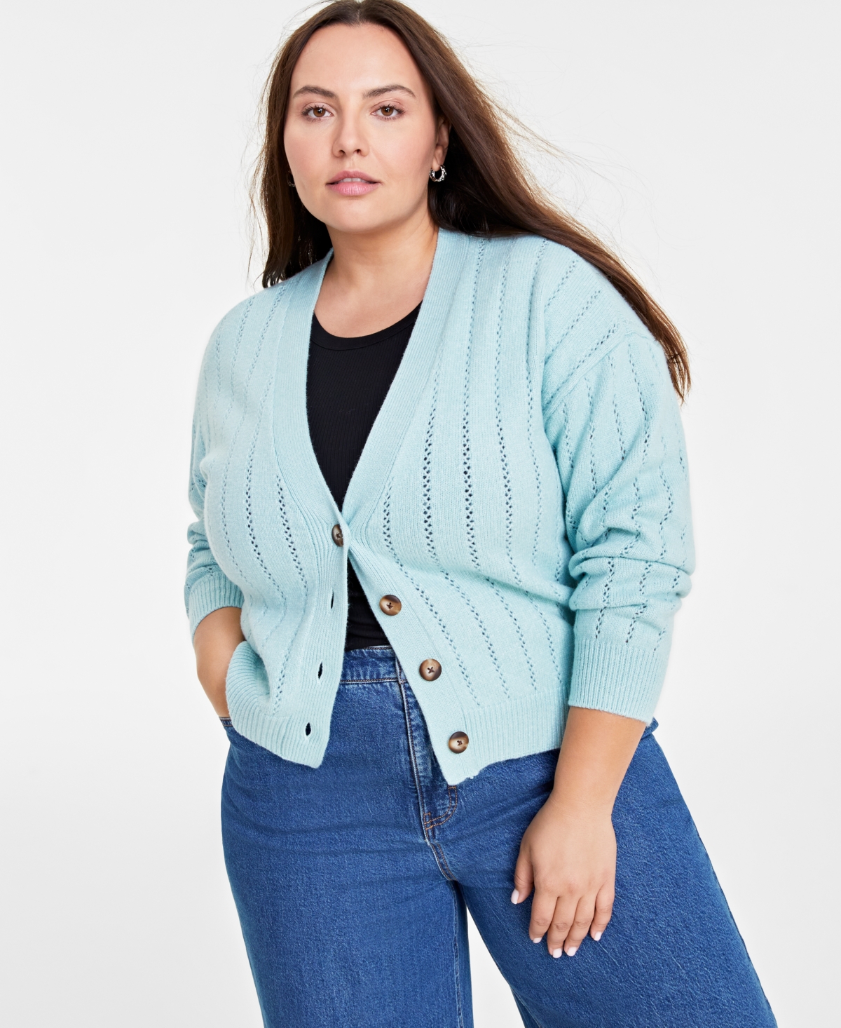 On 34th Trendy Plus Size Pointelle-stitch Cardigan, Created For Macy's In Green Mist