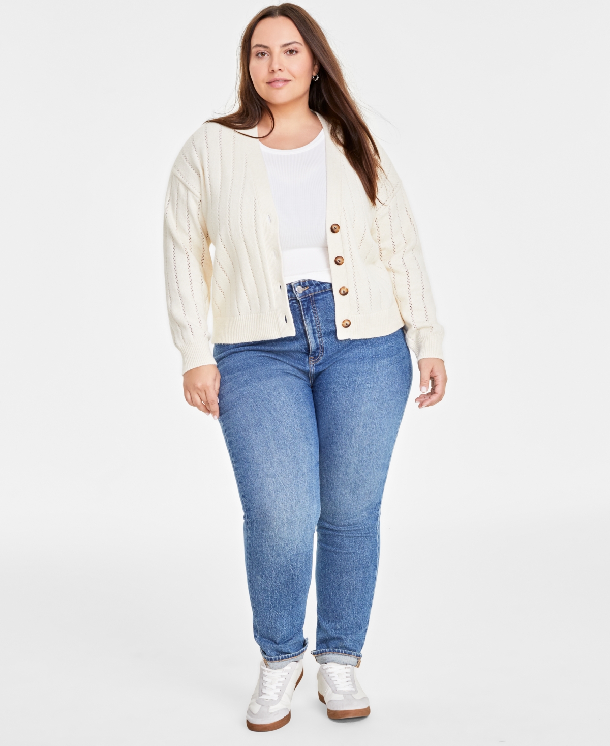 On 34th Trendy Plus Size Pointelle-Stitch Cardigan, Created for Macy's