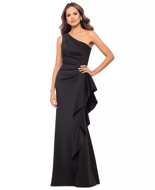 women's ruffled one-shoulder scuba gown