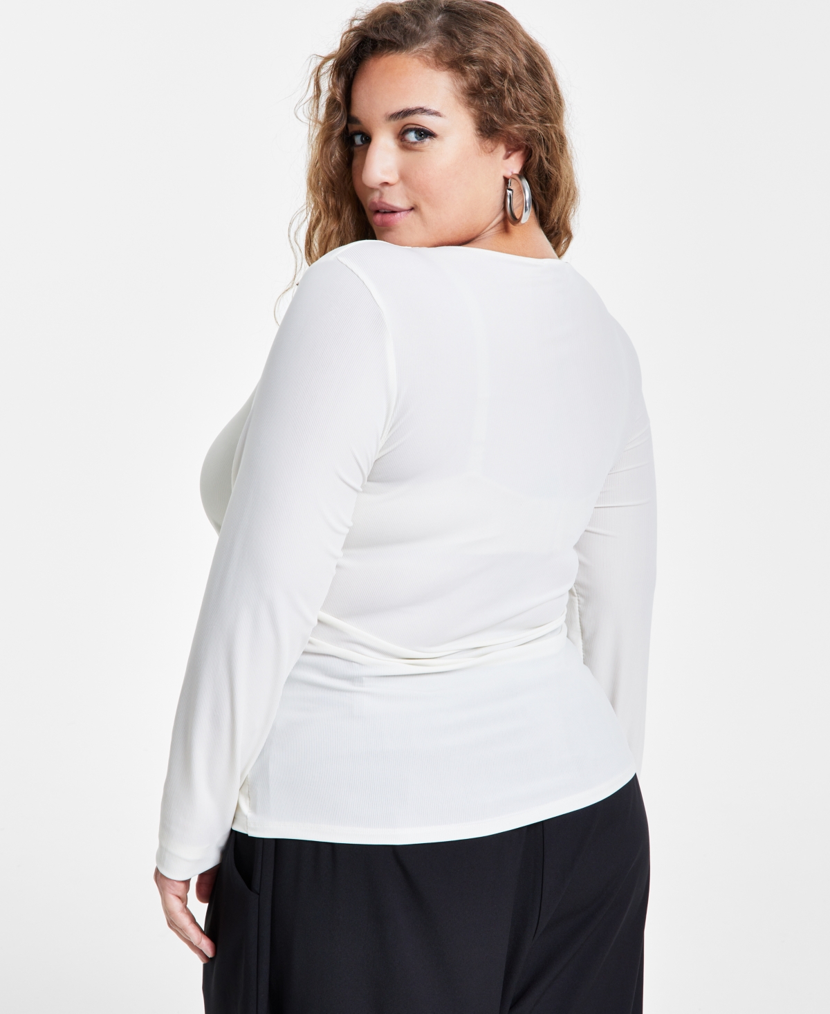 Bar Iii Trendy Plus Size Shine Ribbed V-Neck Top, Created for Macy's