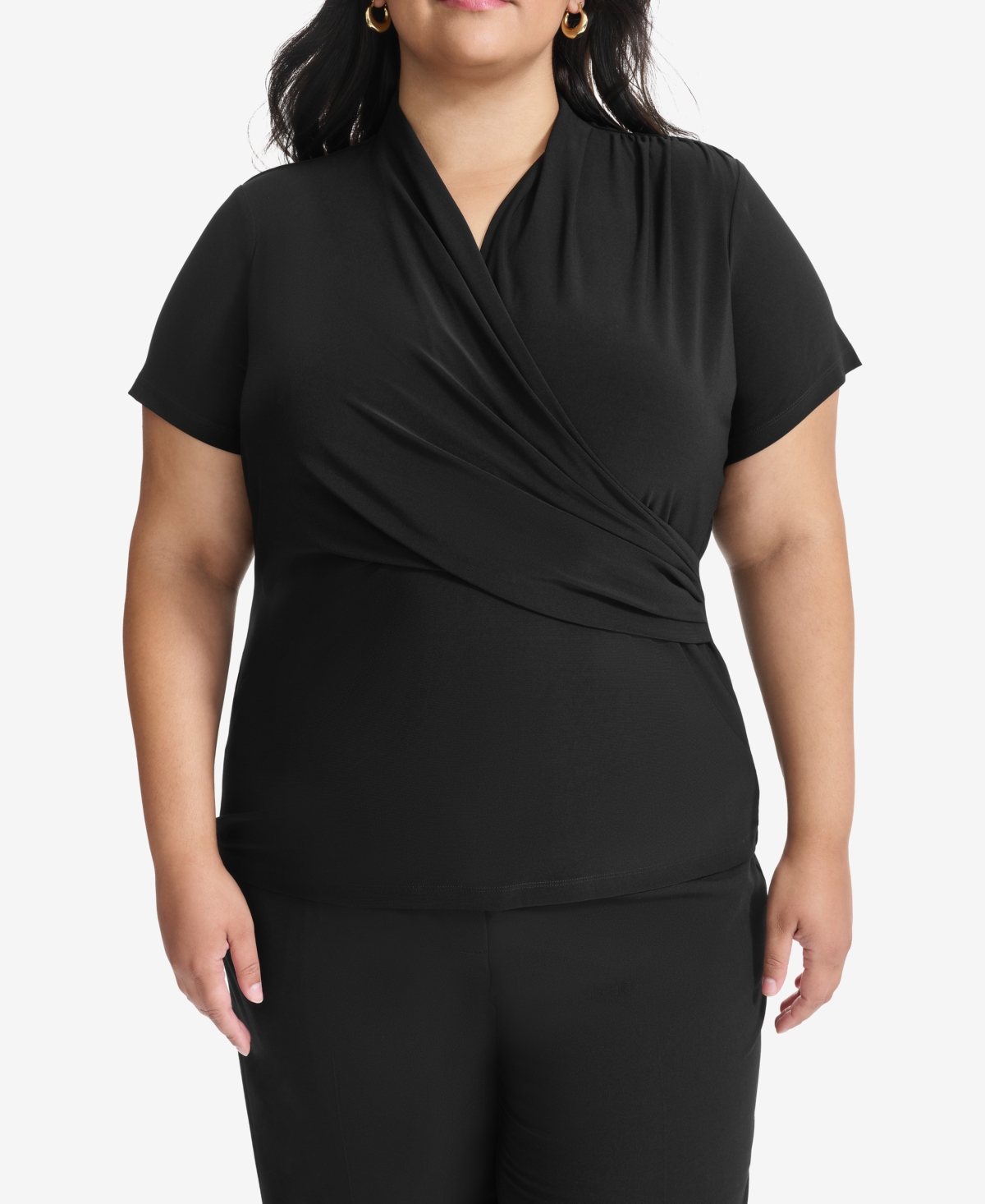 Dkny Plus Size Short-sleeve Faux-wrap Top In Black