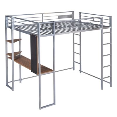 Full Size Metal Loft Bed With 2 Shelves And One Desk