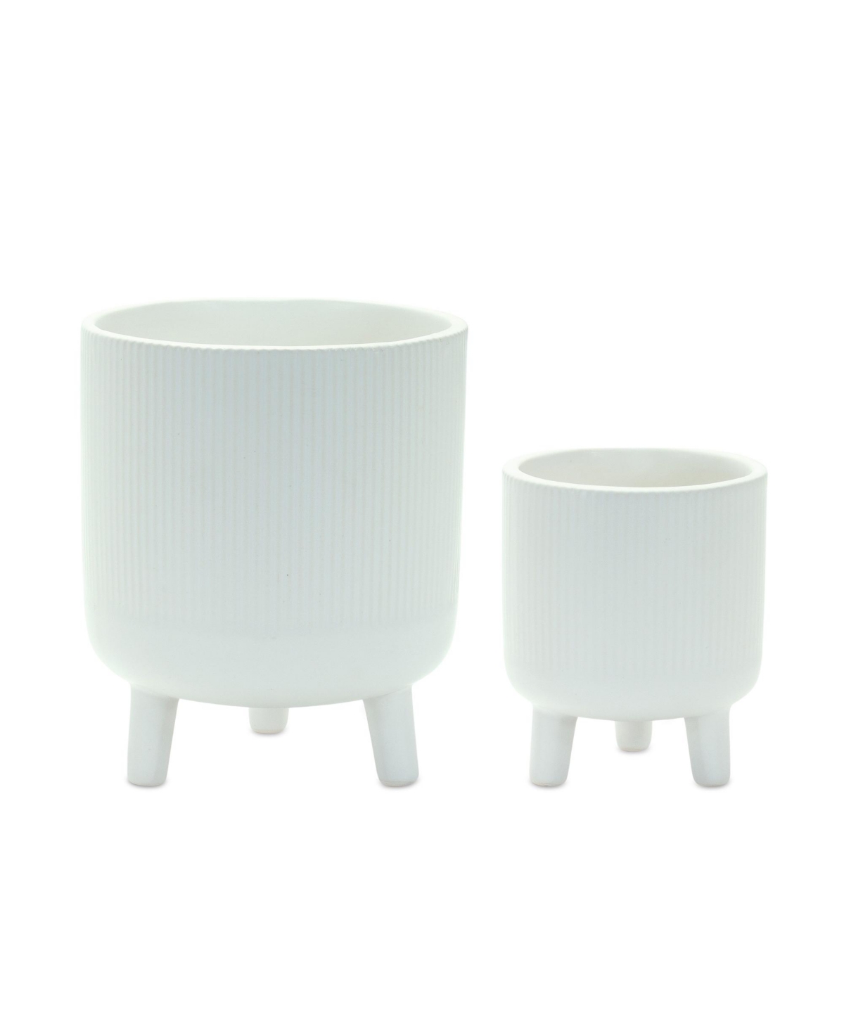 Set of 2 Ribbed Stone Footed Planters for Stylish Indoor and Outdoor Decor - White