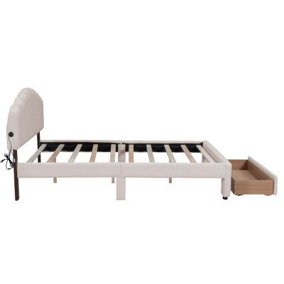 Streamdale Teddy Fleece Queen Size Upholstered Platform Bed With Drawer, White